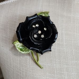 Vintage Black Rose rhinestone brooch